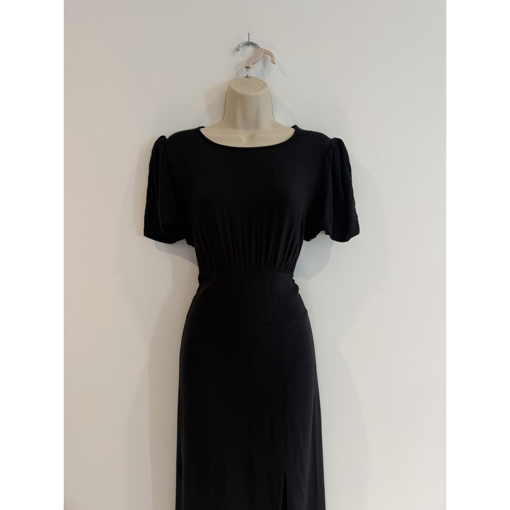 AFRM Jamie Midi Dress Lg Black Empire Waist Puff Sleeve Open Back Classic Retro - Picture 8 of 11